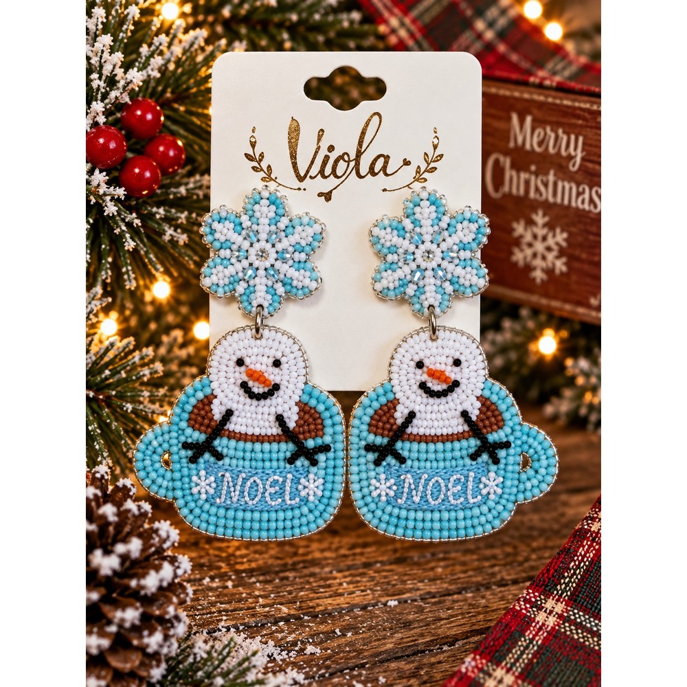 Christmas Snowman Seed Bead Earrings Blue Noel Snowflake Holiday Statement